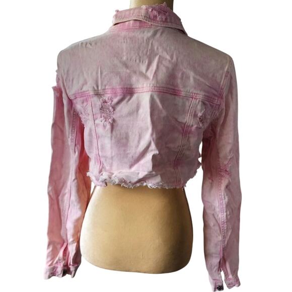 Madden NYC Cropped Tie Dye Raw Hem Pink White Denim Jean Jacket Size XL - Picture 3 of 6